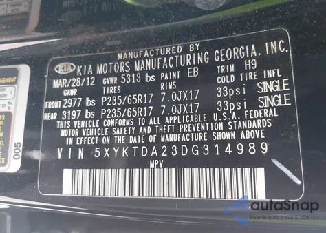 2013 Kia Sorento Lx V6 из США, поврежденный, VIN 5XYKTDA23DG314989